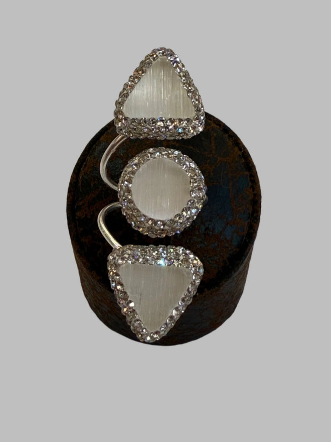 Triple Stone Quartz .925 Silver Ring Adjustable