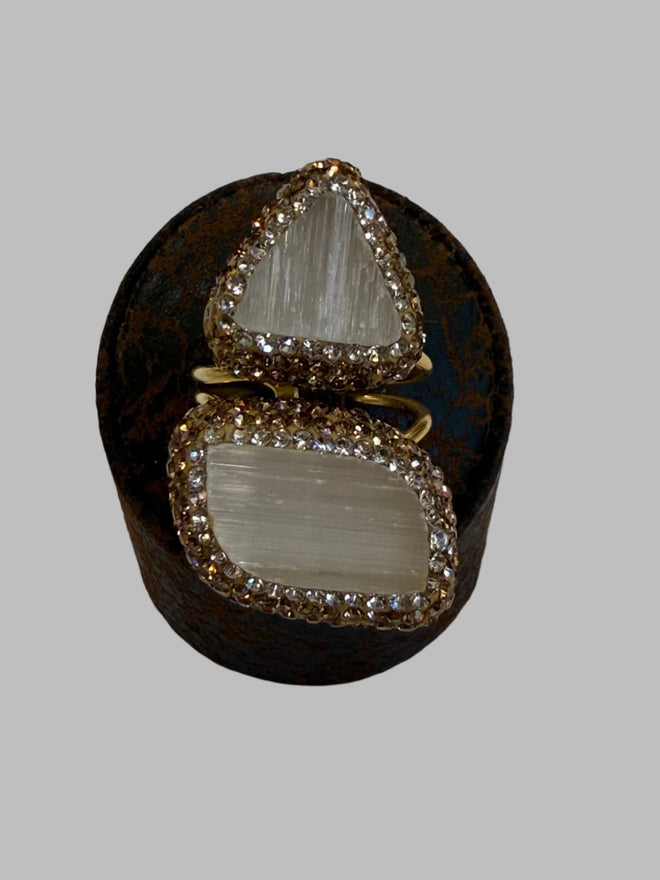 Double Stone Quartz 18K Gold Ring Adjustable