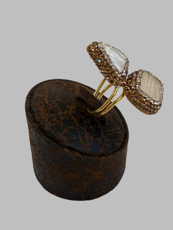 Double Stone Quartz 18K Gold Ring Adjustable