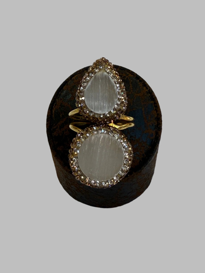 Double Stone Quartz 18K Gold Ring Adjustable