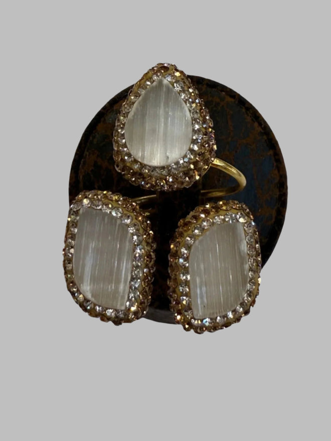 Triple Stone Quartz 18K Gold Ring