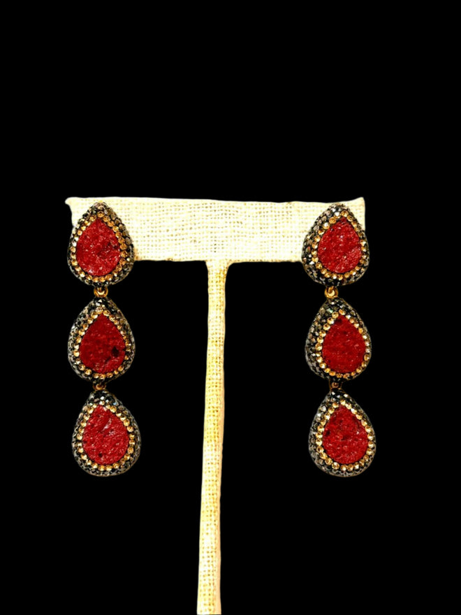 Triple Red Calcite Druzy Earring