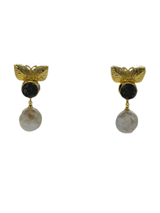 Butterfly Earrings in 18k gold with natural black tourmaline and pearl